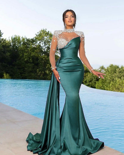 Chic Long Sleeves  Beaded Satin Mermaid Prom Dress with Ruffles