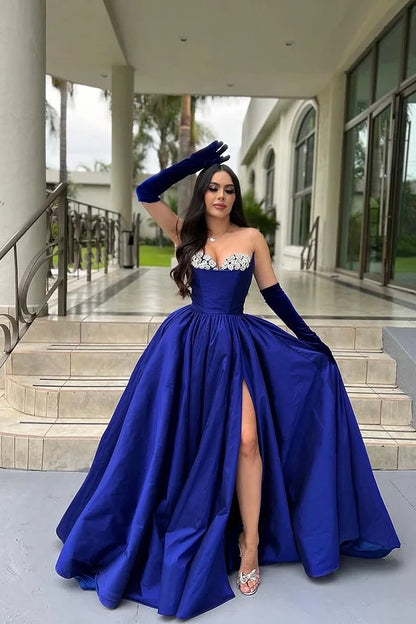 Royal Blue Strapless Sweetheart Beadeds Prom Dress With Long Gloves