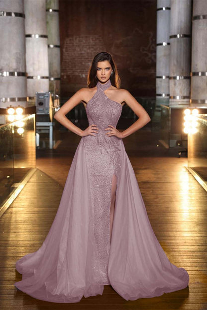 Purple Halter Mermaid Prom Dress Tulle Ruffles With Slit Appliques
