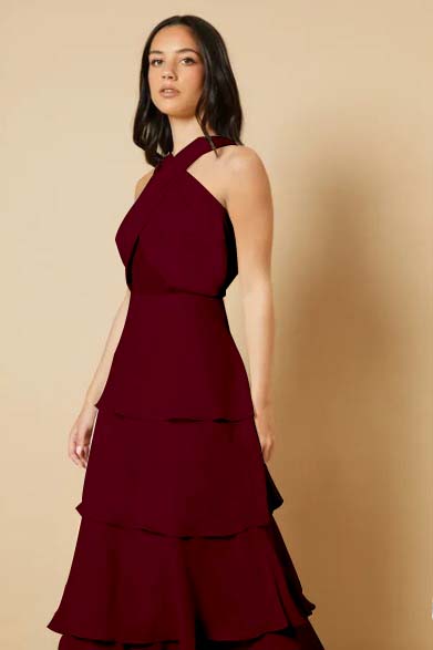 Sleeveless Halter Straps A Line Long Ruffles Prom Dress