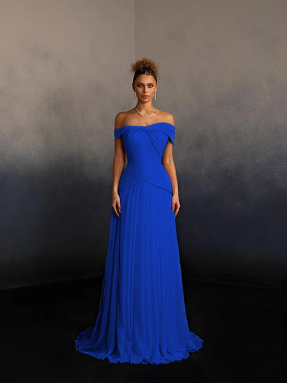 Glamorous Pink Off-The-Shoulder Pleated Long Evening Dress