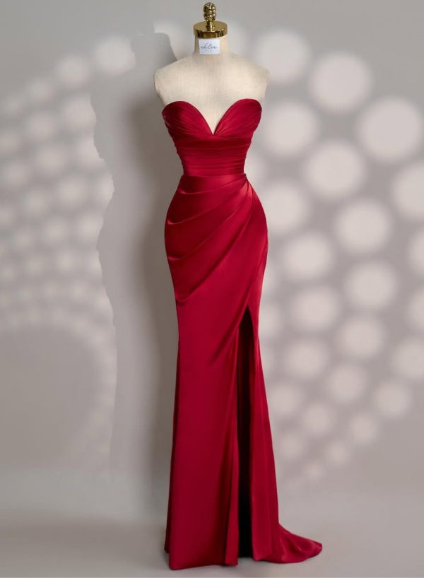 Charming Red Slit Pleated Evening Dress