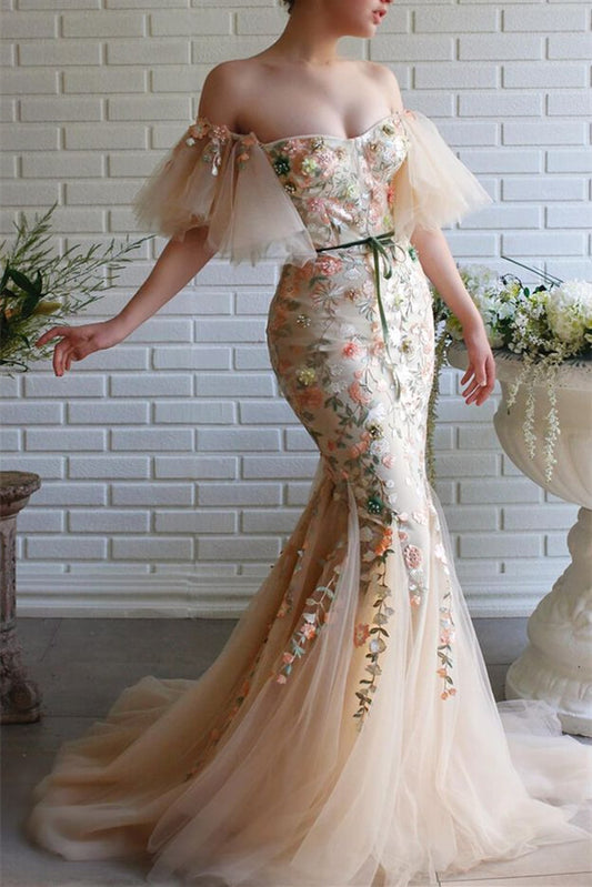 Strapless Flowers Evening Dress Beadings With Appliques Mermaid Off-The-Shoulder