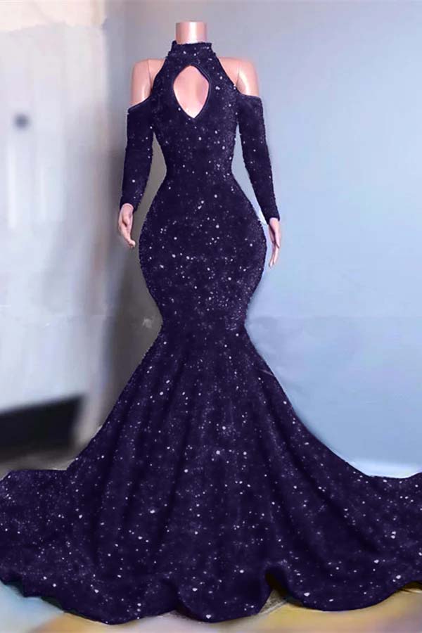 Long Sleeves Royal Blue High Collar Mermaid Long Prom Dress With Sequins