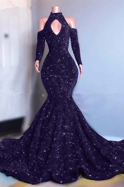 Long Sleeves Royal Blue High Collar Mermaid Long Prom Dress With Sequins