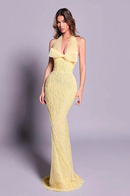 Chic Sleeveless Halter Straps Long Mermaid Evening Dress With Embroidery