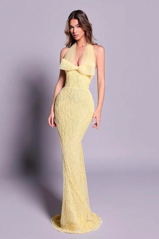 Chic Sleeveless Halter Straps Long Mermaid Evening Dress With Embroidery