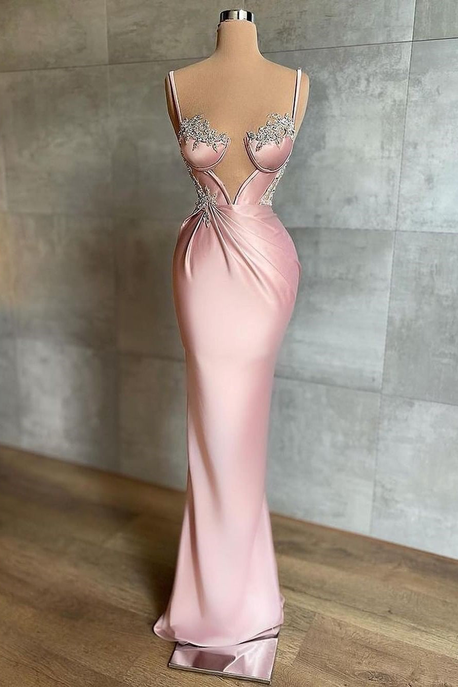 Pink Spaghetti-Strap Mermaid Prom Dress Sleeveless