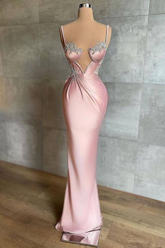Pink Spaghetti-Strap Mermaid Prom Dress Sleeveless