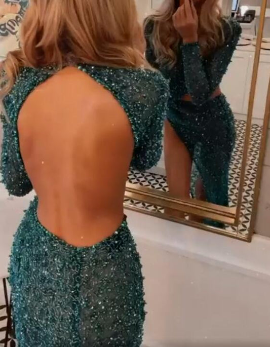 Blue Long Sleeves Sequins Mermaid Prom Dress With Slit