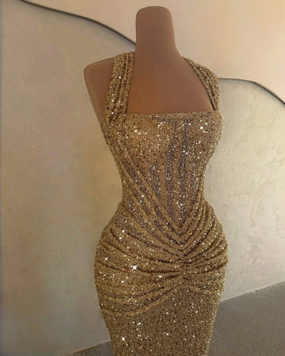 Gold Sleeveless Halter Straps Mermaid Prom Dress With Sequins