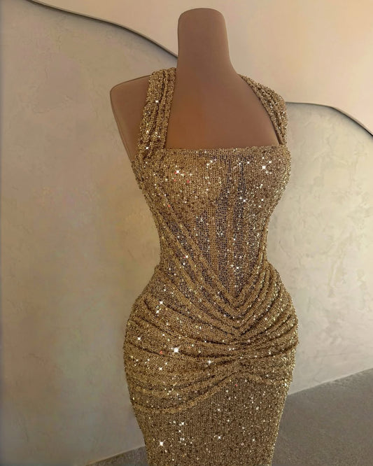 Gold Sleeveless Halter Straps Mermaid Prom Dress With Sequins