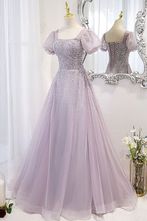 Lace-Up Prom Dress Beadings Short Sleeves With Square Online