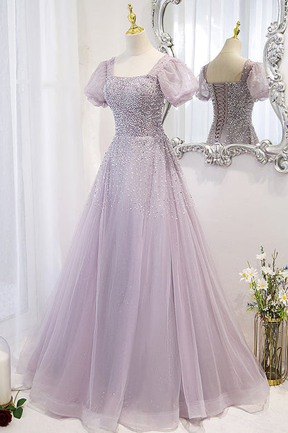 Lace-Up Prom Dress Beadings Short Sleeves With Square Online