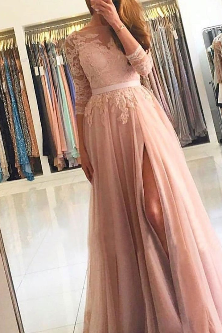 Long Sleeves A-Line Prom Dress Slit With Lace