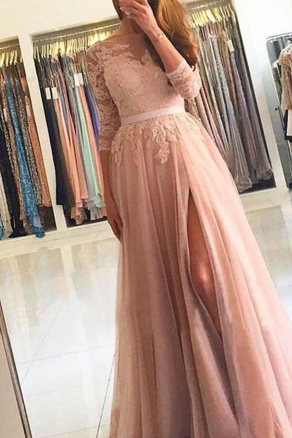 Long Sleeves A-Line Prom Dress Slit With Lace