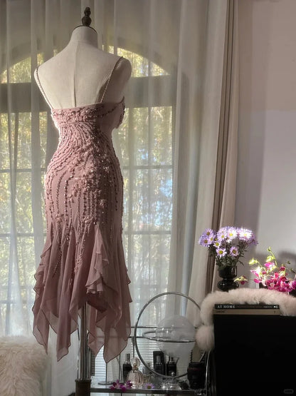 Cute Mermaid Spaghetti Strap Beaded Ruffle Pink Chiffon Short Homecoming Dress Birthday Dress SH2883
