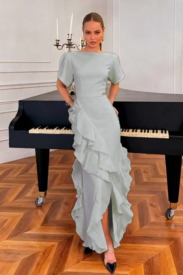Charming Black Jewel Neck Short Sleeves Ruffles Split Evening Dress