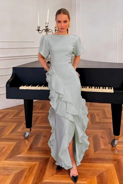 Charming Black Jewel Neck Short Sleeves Ruffles Split Evening Dress
