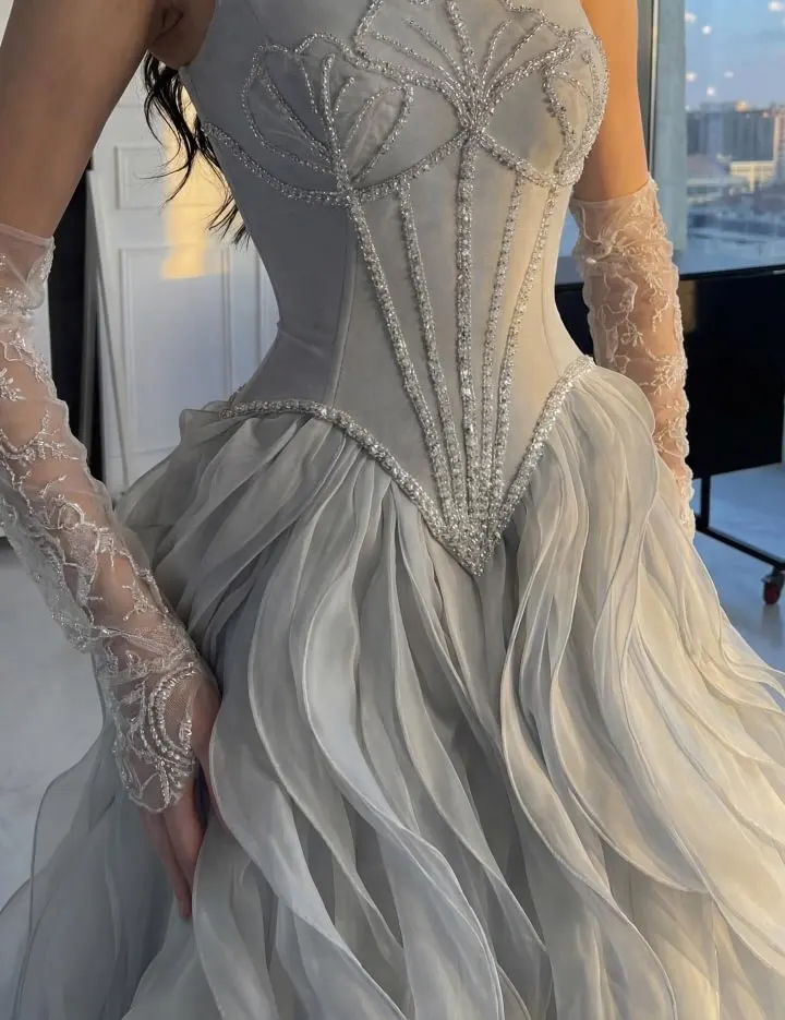 Stunning Silver Straps Formal Evening Dress Sleeveless Beading with Ruffles