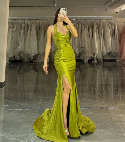 Sleeveless Halter Straps Mermaid Long Prom Dress With Pleated