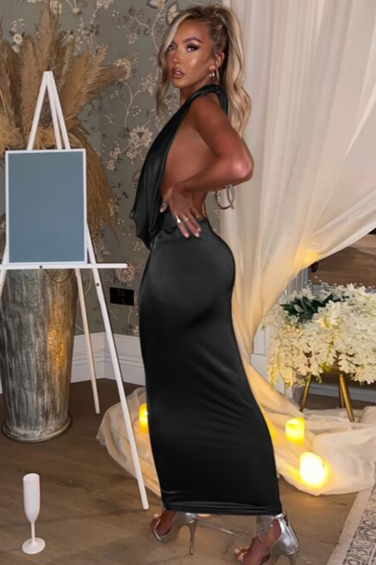 Black Halter Deep V-Neck Prom Dress