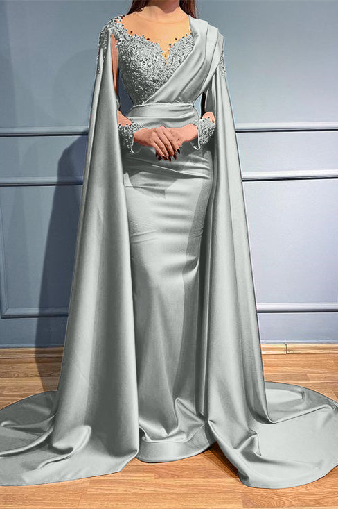 Rust Long Sleeves Beads Appliques Mermaid Evening Dress With Ruffles