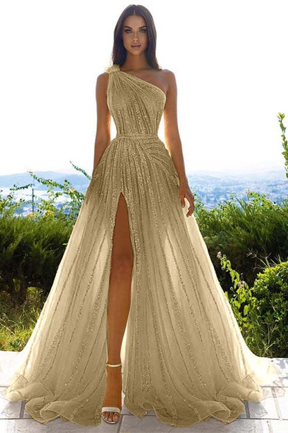 Sequins One Shoulder Prom Dress Daffodil With Front Slit