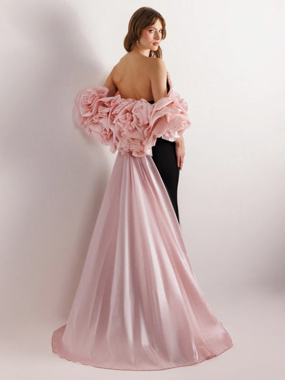 Charming Pink Black Beaded V Neck Slim Sleeveless Prom Dress with Train
