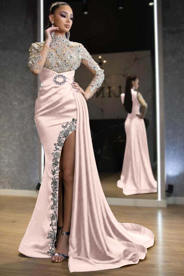 Royal Blue Long Sleeves Split Beadings Mermaid Prom Dress With Ruffles
