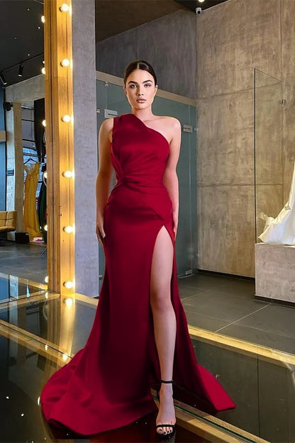 One Shoulder Sleeveless Mermaid Prom Dress Red With Slit