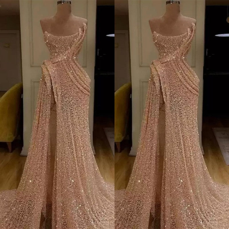 Mermaid Strapless Long Prom Dress Slit With Sequins
