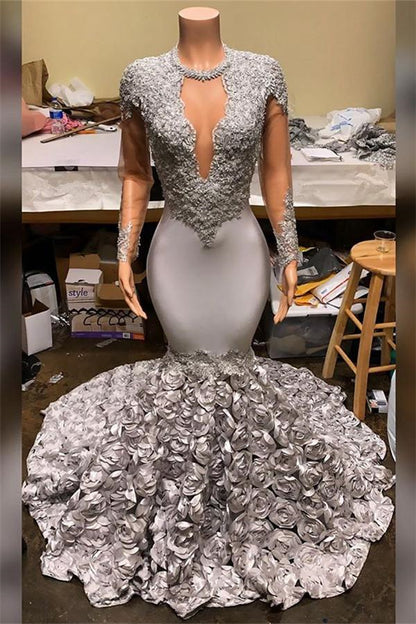 Elegant Mermaid V-Neck Prom Dress Appliques Long Sleeves With Flowers Bottom