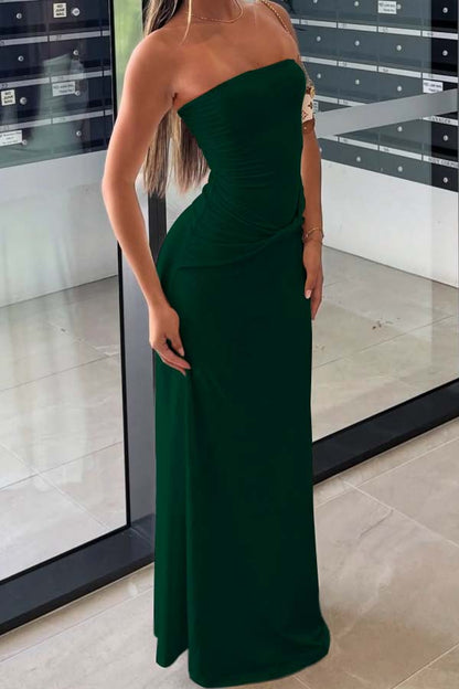 Cream-colored Semi-formal Strapless Pleated Sheath Prom Dress