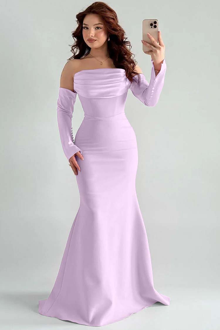 Square Strapless Mermaid Long Sleeves Prom Dress With Pleated