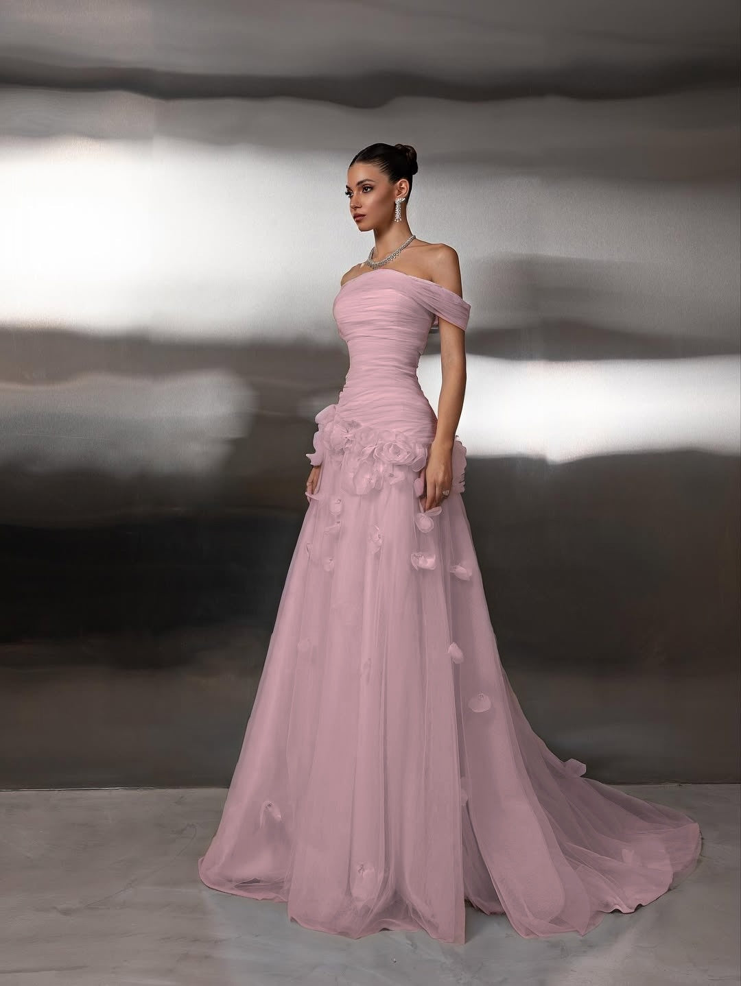 Off Shoulder Sleeveless A-Line Handmade Flower Prom Dress