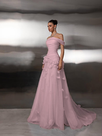 Off Shoulder Sleeveless A-Line Handmade Flower Prom Dress