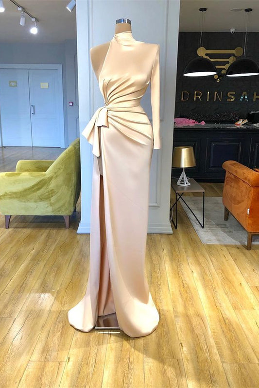High Neck Champagne Mermaid Prom Dress Long Sleeves Split