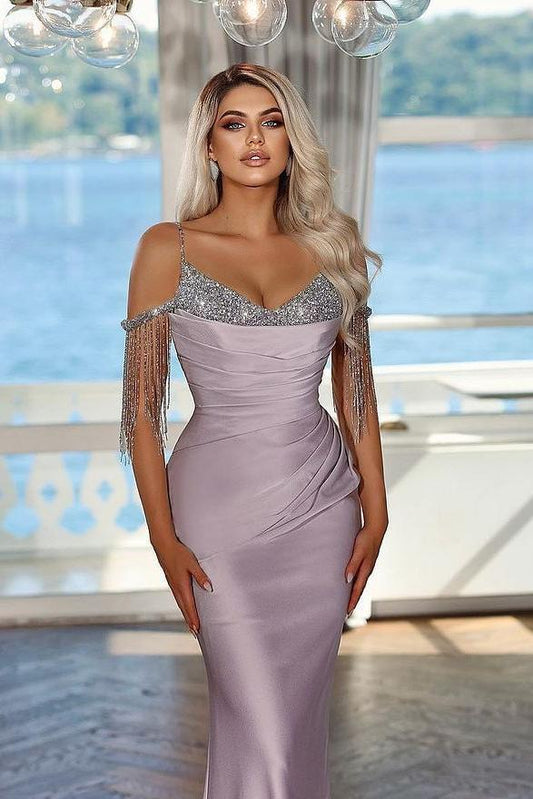 Glamorous Lilac Satin Off the Shoulder Spaghtti Strap Mermaid Prom Dress with Beadings