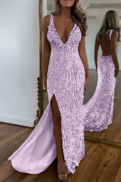 Charming Gold Sequins Spaghetti Strap Sleeveless V Neck Long Prom Dress with Split