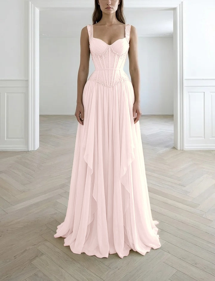 Graceful Sleeveless Wide Straps Beaded Ruffles Long Evening Dress