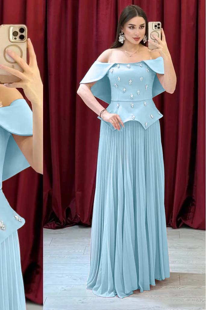 Chic Off The Shoulder Sleeveless Long Prom Dress With Beading