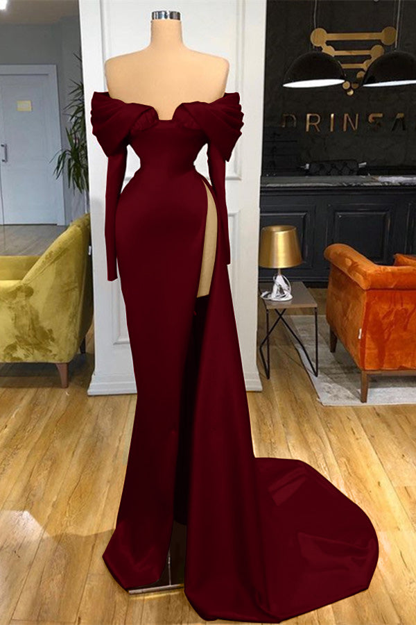 Long Sleeves Red Split Prom Dress Off-The-Shoulder Mermaid