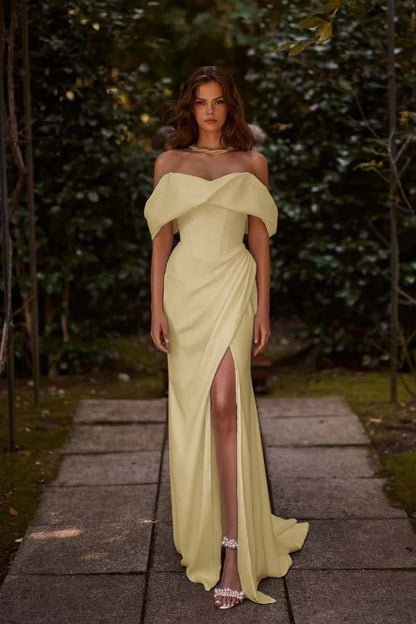 White Off-the-Shoulder Long Prom Dress Split with hand sleeve