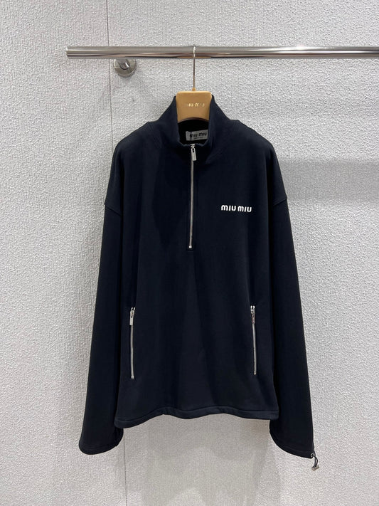 Miumiu 25FW Micro-logo Embroidered Half-zip Sweatshirt Black Cotton