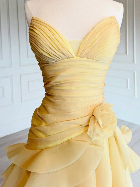 Sleeveless Deep V-Neck A-Line Evening Dress Pleated With Ruffles