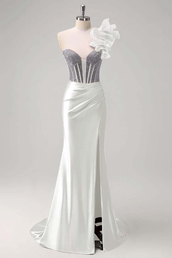 Strapless Handmade Flower Backless Mermaid Slit Prom Dress With Beading