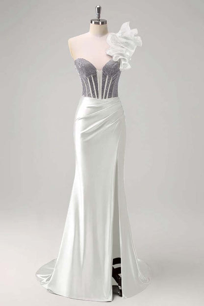 Strapless Handmade Flower Backless Mermaid Slit Prom Dress With Beading