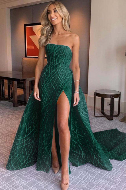 Stunning Light Blue Sleeveless Strapless Long Split Prom Dress with Embroidery