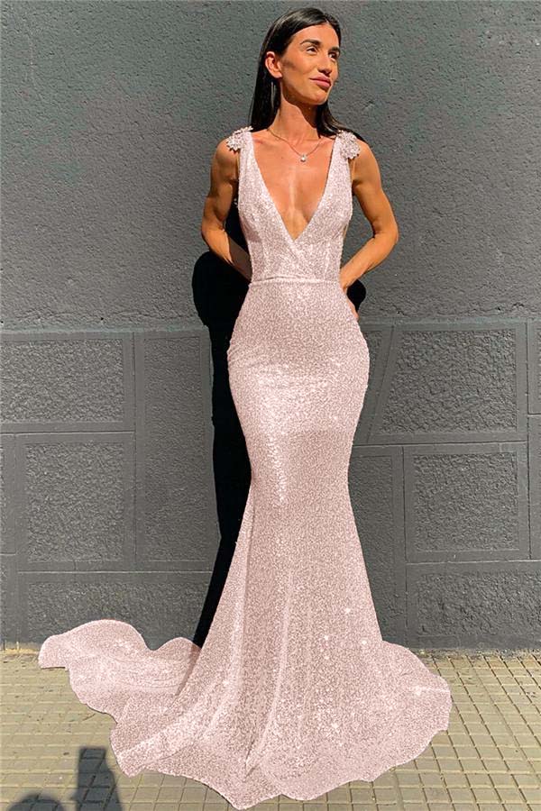 Deep V-Neck  Mermaid Prom Dress Open Back Sequins